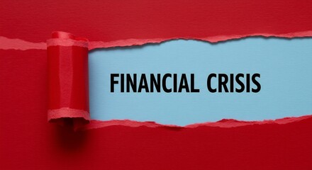 Torn Red Paper Reveals the Words "Financial Crisis" on a Light Blue Background, Concept of Economic Hardship and Instability