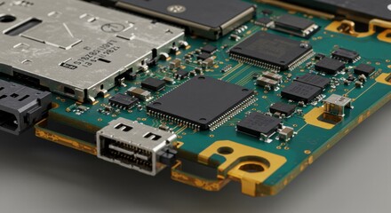 Close-Up of Electronic Circuit Board with Microchips and Connectors