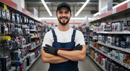 Portrait of a Smiling Mechanic in Uniform Standing in an Auto Parts Store