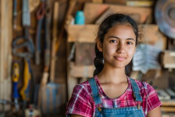 Portrait of a young hispanic female carpenter in shop