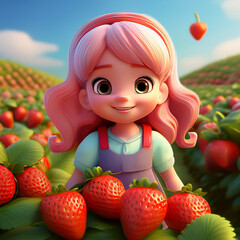 3D niedliches M&auml;dchen in einem Erdbeerfeld