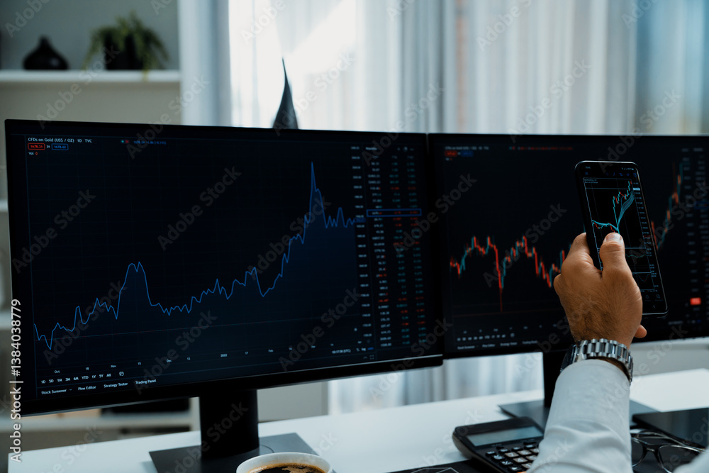 Poster trader businessman searching on smartphone, analyzing in dynamic stock exchange investment screen on