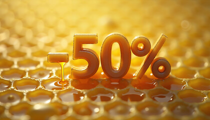 Discount Sign on Honeycomb Background with Golden Color  