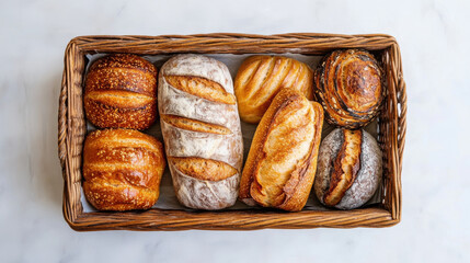 A beautiful assortment of freshly baked artisan bread is arranged in a woven basket on a light-colored surface. The various textures and colors showcase the craftsmanship of baking