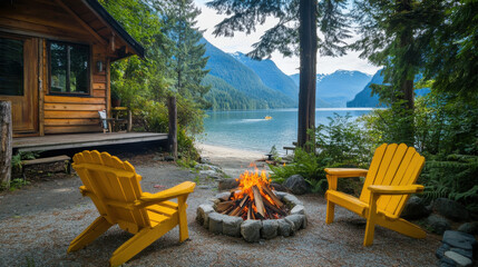 Two bright yellow chairs sit around a crackling campfire by a calm, reflective lake surrounded by mountains. A cozy cabin stands nearby amidst lush greenery on a sunny day