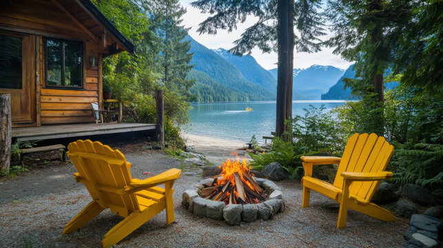 Two bright yellow chairs sit around a crackling campfire by a calm, reflective lake surrounded by mountains. A cozy cabin stands nearby amidst lush greenery on a sunny day