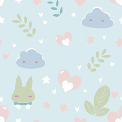 Adorable Bunny, Clouds, Hearts & Stars Seamless Pattern on Light Blue