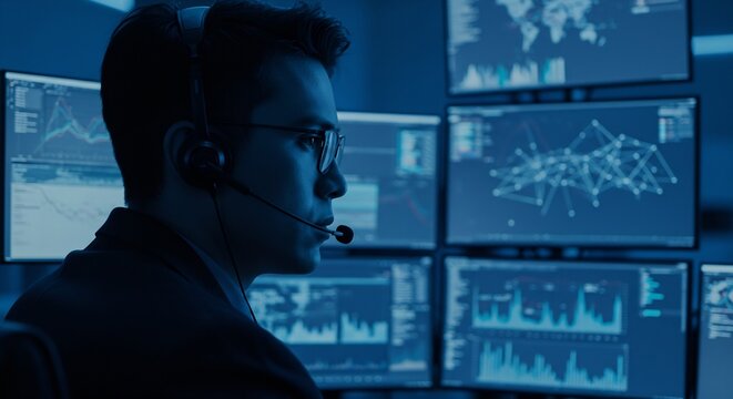 Concentrated Male Analyst Monitoring Financial Data on Multiple Screens in a Dark Control Room