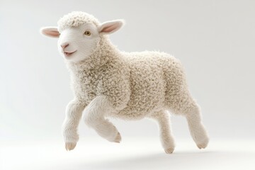 Fototapeta premium A fluffy white lamb leaps joyfully, showcasing its thick, soft fleece against a bright background.