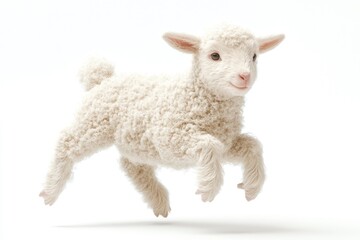 Obraz premium An adorable fluffy lamb leaps playfully in mid-air against a white backdrop.