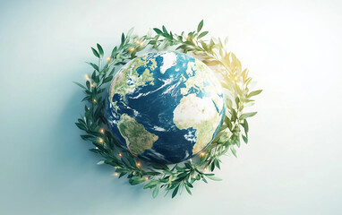 Earth Encircled by Radiant Olive Branches Symbolizing Unity and Harmony Isolated On White Background.