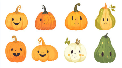 Pumpkin, squash and gourd vegetable cartoon icons. Orange and yellow autumn pumpkins with green leaf isolated vector symbols for agriculture harvest, Thanksgiving or Halloween holidays design