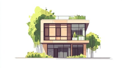 Modern house, rooftop garden, trees, suburban setting, real estate