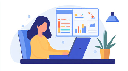 Fototapeta premium Customer data and sales analysis. Financial and statistical web marketing analytics. Graphs and customer database icons. Analyst using laptop computer to analyze data.