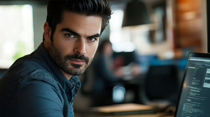 Customer list and information management CMS. Accessing client data collection system. Businessman typing on laptop computer keyboard at desk in office.