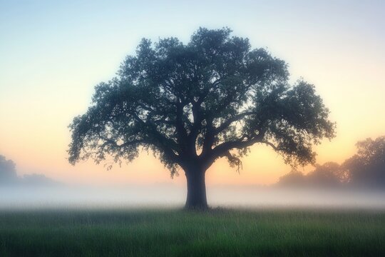 A solitary oak tree stands in a misty field at sunrise, creating a serene and peaceful atmosphere.