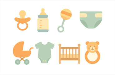 Essential baby icons collection: pacifier, bottle, rattle, diaper, stroller, onesie, crib, toy. Vector icons