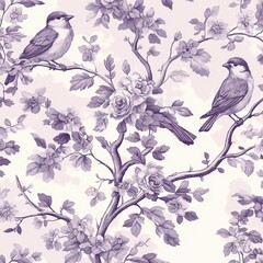 Vintage Floral Pattern with Birds and Blossoms in Soft Purple Tones