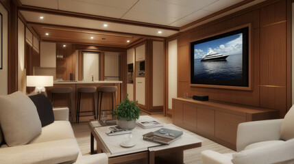 Fototapeta premium Cabinet TV in modern living room with decoration on wooden wall background,3d rendering