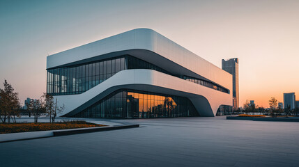 A striking modern building showcases innovative design with smooth curves and glass walls. Sunset casts warm light, enhancing the urban ambiance and highlighting the structure's elegance