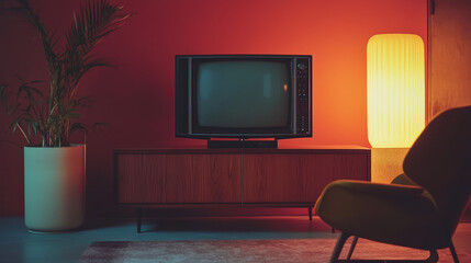 Cabinet TV in modern living room,Interior of a bright living room with armchair on empty dark wall background.3D rendering