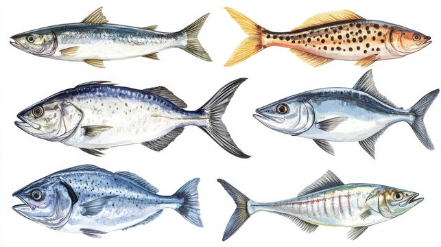 Fish species sketch icons set. Vector isolated horse mackerel, gilt-head bream or sea bass and anchovy, ocean eel, hake or codfish and sardine with for seafood or fish market or fishing sport design.