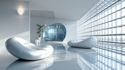 Futuristic White Living Room With Organic Curves and LED Lighting