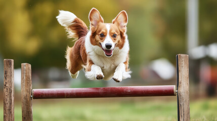A corgi is energetically leaping over an agility hurdle in a park. The dog shows excitement against a backdrop of colorful autumn foliage while practicing its skills