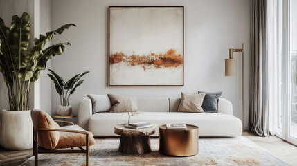 Fototapeta premium Mock up poster in modern living room interior design with concrete empty wall.3d rendering