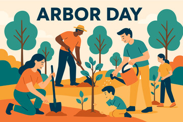 Celebrating arbor day with community tree planting in a vibrant illustration. Vector