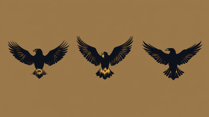 Fototapeta premium Flying eagle, falcon and hawk vector logo icons showing different wing positions in black silhouette, some with white heads for heraldic or tattoo design