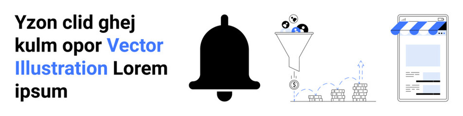 Bell icon, marketing funnel with coins, chart growth, shop interface layout. Ideal for notification, marketing, sales, business analytics, e-commerce conversion strategy simple landing page