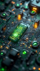 Obraz premium Close-up of Glowing Green Microchip on Dark Circuit Board with Illuminated Components