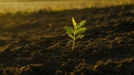 Young Plant Emerging from Dark Soil under Warm Sunlight