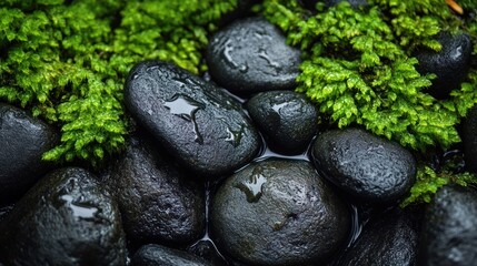 Wet stones, moss, garden, serenity, nature