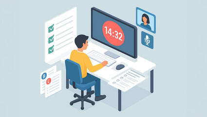 3D Isometric Online Exam Scene with Timer, Checklist, Question Cards, Focused Student, and Virtual Proctor Tools