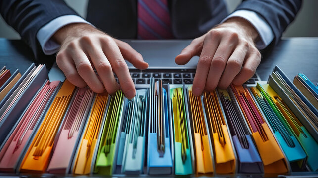 Folder hierarchy structure and document management system DMS. Businessman using laptop computer for saving and classifying files.