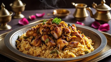 Obraz premium Golden Arabic Kabsa Close-Up: Fragrant Saffron Rice & Spiced Chicken – A Regal Middle Eastern Feast