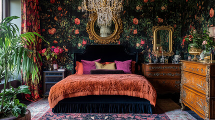 Eclectic Maximalist Bedroom with Vintage Furniture and Floral Wallpaper