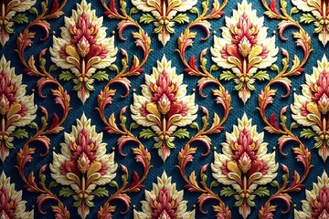 Intricate woven damask pattern, elegant floral design, home, texture