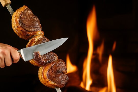 Brazilian Barbecue Delight: A tantalizing close-up of a juicy cut of roasted meat being expertly sliced from a skewer, with a vibrant backdrop of fiery flames. churrasco brasileiro churrascaria 