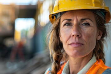 Portrait of a middle aged caucasian female engineer on construction site