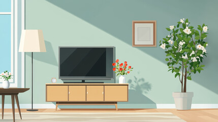 TV on cabinet in modern living room with lamp,table,flower and plant on light Blue wall background,3d rendering