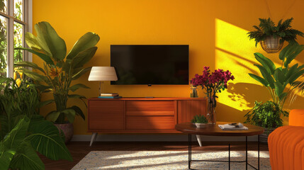 TV on cabinet  in modern living room with lamp,table,flower and plant on yellow illuminating wall background,3d rendering