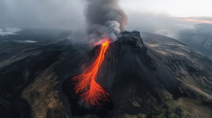 Volcano erupting with lava flowing down its slopes, aerial view