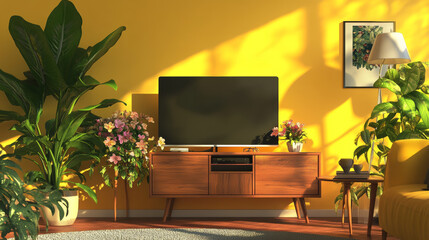 Cabinet For TV or place object in modern living room with lamp,table,flower and plant on yellow wall background,3d rendering