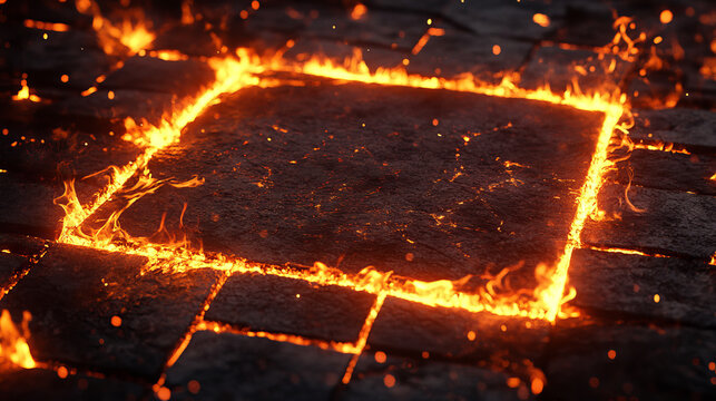 Square frames in fire, vector burning borders. Realistic burn flame tongues with flying particles and embers on rectangular frame edges. 3d flare. Burned hoops or holes in fire, isolated borders set