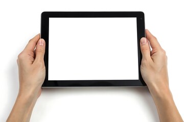 Hands holding tablet with blank white screen isolated on white background