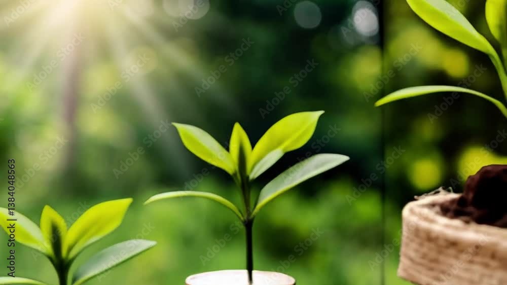 Poster Sprouts growing on coin stacks and a burlap sack under sunlight in a garden environment setting