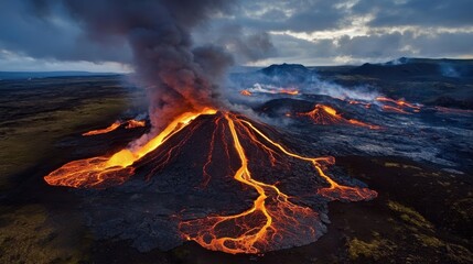 Volcano erupting with lava flows and smoke at dusk